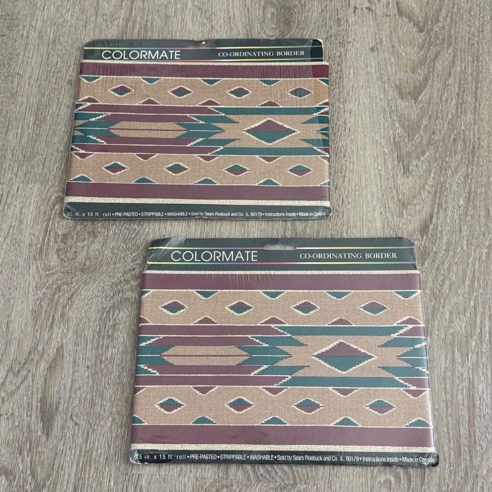 Vintage Colormate Southwestern Wallpaper Border 2 Rolls Teal Burgundy 13980011